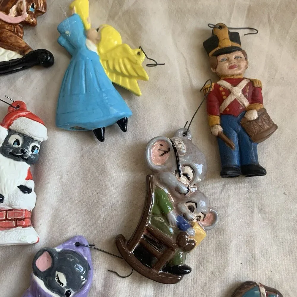 Vintage Lot Ceramic Christmas Ornaments, Horse, Mouse, Nutcracker, 9 Pcs, 3”